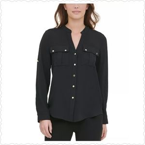 CALVIN KLIEN Textured Roll Tab Blouse, Small